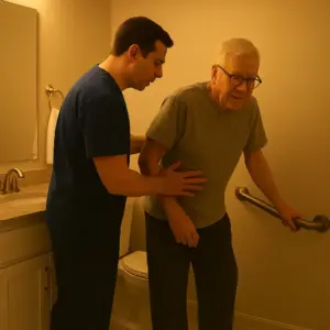 Overnight caregiver assisting senior with nighttime mobility