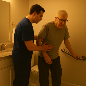 SYNERGY HomeCare caregiver assists an elderly man to the bathroom at night, providing gentle support and ensuring safety with grab bars in his Tucson home.