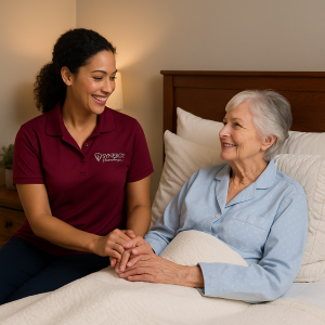 SYNERGY HomeCare overnight caregiver provides bedtime help for client in Oro Valley, Arizona.
