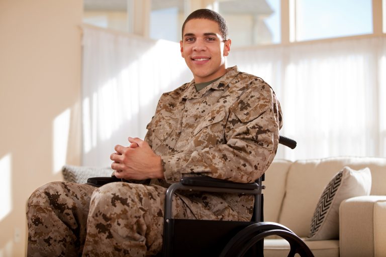 Disabled Veteran US Marine Soldier in Wheelchair