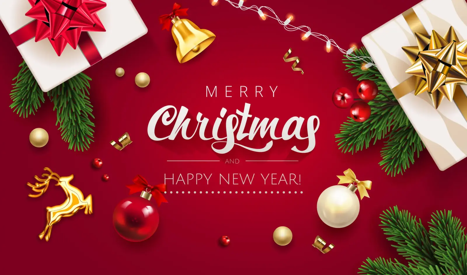 Merry Christmas Red Background with gifts box, green fir tree pine branch, red Christmas ball, golden deer, jingle bell and holly berry. Horizontal Christmas posters, greeting cards, website. Vector