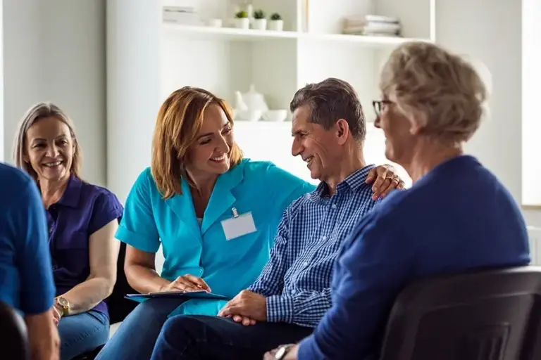 Four smiling people sitting on couch with social worker with caregiver to her right talking to client and her adult son